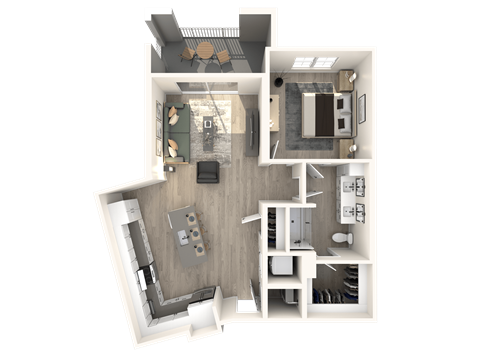 Floor plan for 1 bed, 1 bath, 878 sqft